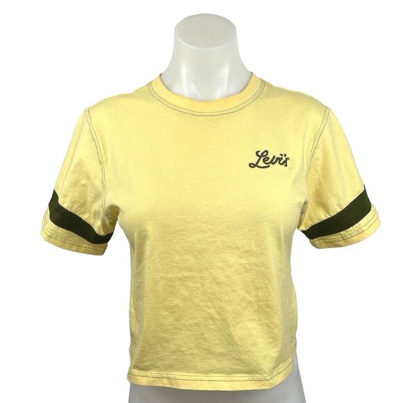 Levi's Yellow Crew Neck Short Sleeve Crop Boxy Graphic Football T-shirt Size XS - Picture 1 of 4